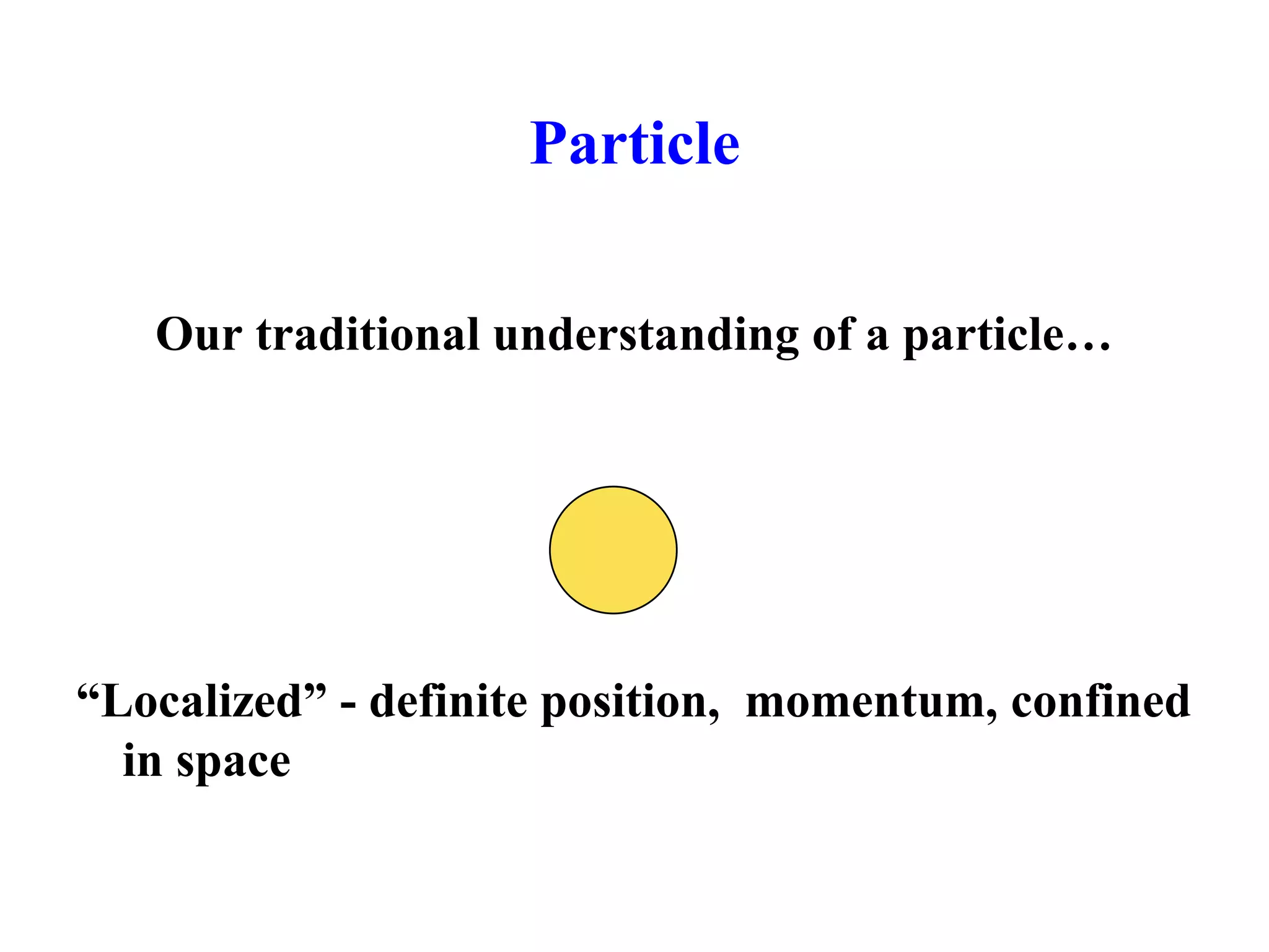 Particle
Our traditional understanding of a particle…
“Localized” - definite position, momentum, confined
in space
 