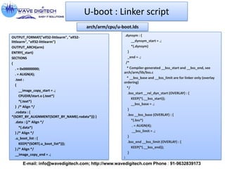 U-boot : Linker script
OUTPUT_FORMAT("elf32-littlearm", "elf32-
littlearm", "elf32-littlearm")
OUTPUT_ARCH(arm)
ENTRY(_start)
SECTIONS
{
. = 0x00000000;
. = ALIGN(4);
.text :
{
__image_copy_start = .;
CPUDIR/start.o (.text*)
*(.text*)
} /* Align */
.rodata : {
*(SORT_BY_ALIGNMENT(SORT_BY_NAME(.rodata*))) }
.data : {/* Align */
*(.data*)
} /* Align */
.u_boot_list : {
KEEP(*(SORT(.u_boot_list*)));
} /* Align */
__image_copy_end = .;
arch/arm/cpu/u-boot.lds
.dynsym : {
__dynsym_start = .;
*(.dynsym)
}
_end = .;
/*
* Compiler-generated __bss_start and __bss_end, see
arch/arm/lib/bss.c
* __bss_base and __bss_limit are for linker only (overlay
ordering)
*/
.bss_start __rel_dyn_start (OVERLAY) : {
KEEP(*(.__bss_start));
__bss_base = .;
}
.bss __bss_base (OVERLAY) : {
*(.bss*)
. = ALIGN(4);
__bss_limit = .;
}
.bss_end __bss_limit (OVERLAY) : {
KEEP(*(.__bss_end));
}
}
E-mail: info@wavedigitech.com; http://www.wavedigitech.com Phone : 91-9632839173
 