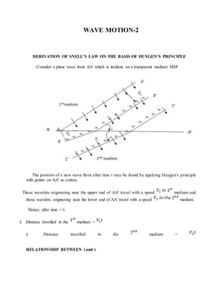 WAVE MOTION-2
DERIVATION OF SNELL’S LAW ON THE BASIS OF HUYGEN’S PRINCIPLE
-Consider a plane wave front AA' which is incid...