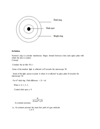 Definition
Newton’s ring is a circular interference fringes formed between a lens and a glass plate with
which the lens is contact.
Concept
Consider the air film PA t
Some of the incident light is reflected at P towards the microscope M
Some of the light passes to point A where it is reflected by glass plate H towards the
microscope M.
For nth dark ring Path difference = 2t = nλ
When n 0, 1, 2, 3,
Central dark spot, n 0
At constant pressure,
i.e. At constant pressure the mean free path of a gas molecule
λ ∝ T
 