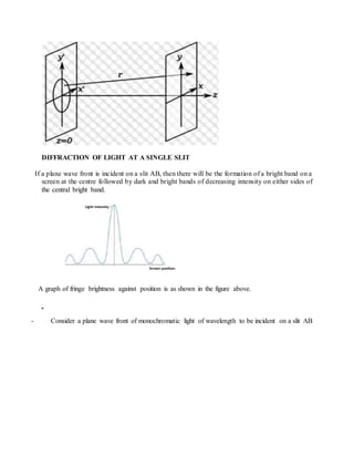 DIFFRACTION OF LIGHT AT A SINGLE SLIT
If a plane wave front is incident on a slit AB, then there will be the formation of a bright band on a
screen at the centre followed by dark and bright bands of decreasing intensity on either sides of
the central bright band.
A graph of fringe brightness against position is as shown in the figure above.
- Consider a plane wave front of monochromatic light of wavelength to be incident on a slit AB
 