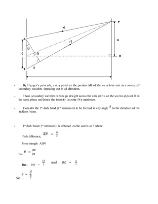 - By Huygen’s principle, every point on the portion AB of the wavefront acts as a source of
secondary wavelets spreading out in all directions.
- Those secondary wavelets which go straight across the slits arrive on the screen at point O in
the same phase and hence the intensity at point O is maximum.
- Consider the 1st dark band (1st minimum) to be formed at any angle to the direction of the
incident beam.
- 1st dark band (1st minimum) is obtained on the screen at P where:
Path difference,
From triangle ABN
Sin
But , BN =
Sin
 