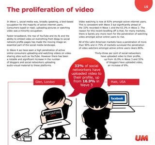 15
The proliferation of video
In Wave 1, social media was, broadly speaking, a text-based     Video watching is now at 83% amongst active internet users.
occupation for the majority of active internet users.           This is consistent with Wave 3 but significantly ahead of
Consumers typed or read; uploading pictures or watching         the 32% recorded in Wave 1 and the 63.3% in Wave 2. The
video was a minority occupation.                                reason for this recent levelling off is that, for many markets,
                                                                there is barely any more room for the penetration of watching
Faster broadband, the rise of YouTube and its ilk and the       video amongst active online users to rise.
ability to embed video on everything from blogs to social
network profile pages has made the moving image an              All of the Latin American markets have a penetration of more
essential part of the social media landscape.                   than 90% and in 75% of markets surveyed the penetration
                                                                of video watchers amongst active online users clears 80%.
In Wave 4 we have seen a high penetration of active
online consumers uploading and watching videos on video                     Thirty-three per cent of social networkers
sharing sites such as YouTube. However there has been                             have uploaded video to their profile,
a notable and significant increase in the number                                     up from 16.9% in Wave 3 and 32%
of bloggers and social networkers uploading                                            of bloggers have uploaded video,
audio-visual material to these platforms.                     33% of     social         an increase of 8%.

                                                            networkers have
                                                            uploaded video to
                                                             their profile, up
                         Glen, London                        from 16.9% in                   Matt, USA
                                                                 Wave 3




                                      RTING
                                  IMPO6%
                                       3
 