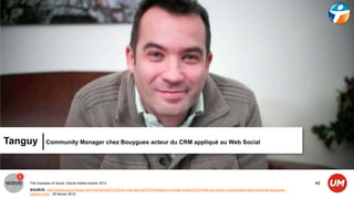Tanguy        Community Manager chez Bouygues acteur du CRM appliqué au Web Social




    The business of social | Social media tracker 2012                                                                                                        46
    SOURCE: http://gregorypouy.blogs.com/marketing/2012/02/la-crise-des-op%C3%A9rateurs-mobile-analys%C3%A9e-par-tanguy-responsable-web-social-de-bouygues-
    telecom.html , 29 février 2012
 