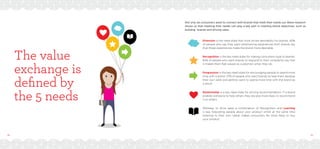 38 39
The value
exchange is
defined by
the 5 needs
Not only do consumers want to connect with brands that meet their needs our Wave research
shows us that meeting their needs can play a key part in meeting brand objectives, such as
building  brands and driving sales.
Diversion is the need state that most drives desirability for brands. 40%
of people who say they want entertaining experiences from brands say
that these experiences make the brand more desirable.
Recognition is the key need state for making consumers loyal to brands.
65% of people who want brands to respond to their complaints say that
it makes them feel valued as customers when they do.
Progression is the key need state for encouraging people to spend more
time with a brand. 37% of people who want brands to help them develop
their own skills and abilities want to spend more time with the brand as
a result.  
Relationship is a key need state for driving recommendation. If a brand
enables someone to help others they are also more likely to recommend
it to others.
Whereas to drive sales a combination of Recognition and Learning
is key. Educating people about your product whilst at the same time
listening to their own needs makes consumers far more likely to buy
your product.
 
 