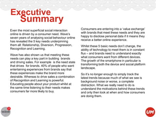 Executive

Summary

Even the most superficial social interaction
online is driven by a consumer need. Wave‟s
seven years of analysing social behaviour online
has revealed the 5 key needs underpinning
them all: Relationship, Diversion, Progression,
Recognition and Learning.
Wave has also shown us that meeting these
needs can play a key part in building brands
and driving sales. For example is the need state
that drives for brands. 40% of people who want
entertaining experiences from brands say that
these experiences make the brand more
desirable. Whereas to drive sales a combination
of Recognition and Learning is powerful.
Educating people about your product whilst at
the same time listening to their needs makes
consumers far more likely to buy.

Consumers are entering into a „value exchange‟
with brands that meet these needs and they are
happy to disclose personal data if it means they
receive a better online experience.
Whilst these 5 basic needs don‟t change, the
ability of technology to meet them is in constant
flux – and brands need to understand exactly
what consumers want from different devices.
The growth of the smartphone in particular is
transforming both the device and social platform
landscape.
So it‟s no longer enough to simply track the
latest trends because much of what we see is
background noise or worse, a complete
distraction. What we really need to do is
understand the motivations behind these trends
and only then look at when and how consumers
are doing them.

 