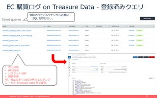 Copyright ©2015 Treasure Data. All Rights Reserved.Copyright ©2015 Treasure Data. All Rights Reserved. 9
EC 購買ログ on Treasure Data - 登録済みクエリ
登録されているクエリから必要な
SQL を呼び出し。
• 売上分析
• RFM分析
• バスケット分析
• 需要予測
等，有益な多くのEC分析クエリテンプ
レートを Treasure Data 側で提供。
 