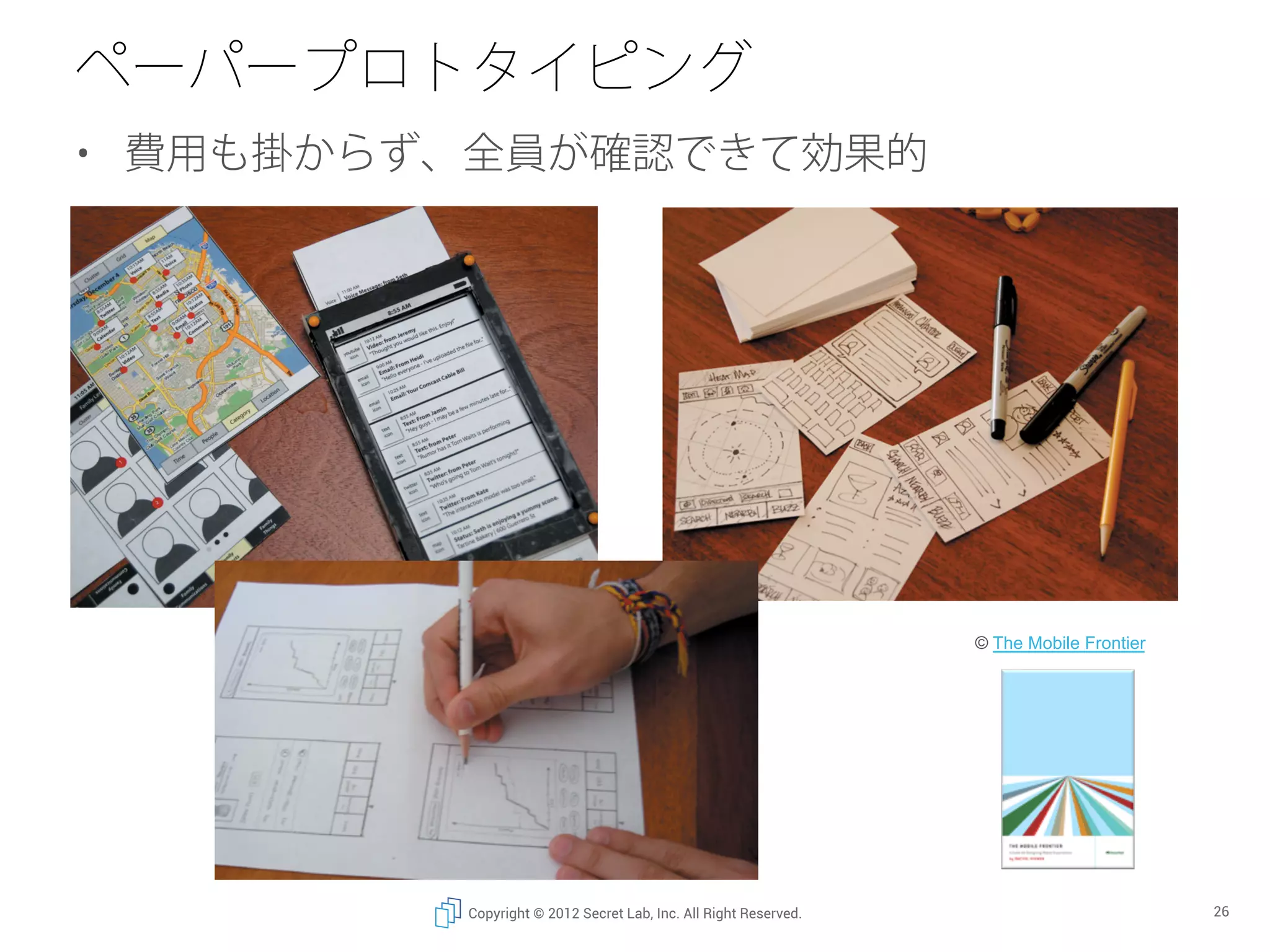 ペーパープロトタイピング
•  費用も掛からず、全員が確認できて効果的




                                                                  © The Mobile Frontier	




          Copyright © 2012 Secret Lab, Inc. All Right Reserved.                             26
 