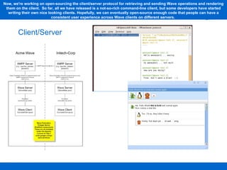 Client/Server Now, we're working on open-sourcing the client/server protocol for retrieving and sending Wave operations and rendering them on the client.  So far, all we have released is a not-so-rich command-line client, but some developers have started writing their own nice looking clients. Hopefully, we can eventually open-source enough code that people can have a consistent user experience across Wave clients on different servers.  