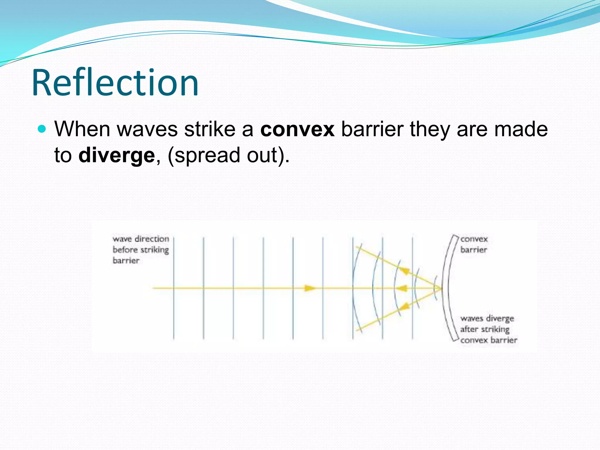 Reflection
 When waves strike a convex barrier they are made
 to diverge, (spread out).
 