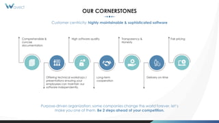 OUR CORNERSTONES
Customer centricity: highly maintainable & sophisticated software
Purpose-driven organization: some companies change the world forever, let‘s
make you one of them. Be 2 steps ahead of your competition.
Comprehensible &
concise
documentation
High software quality Transparency &
Honesty
Fair pricing
Delivery on-time
Long-term
cooperation
Offering technical workshops /
presentations ensuring your
employees can maintain our
software independently.
 