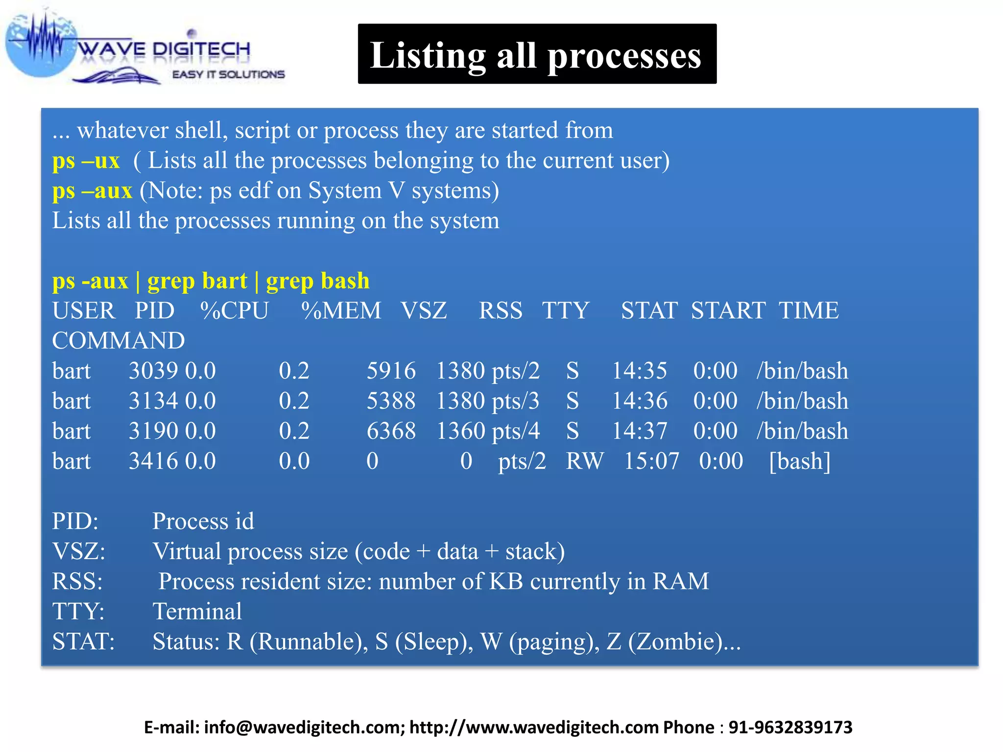 Listing all processes
... whatever shell, script or process they are started from
ps –ux ( Lists all the processes belonging to the current user)
ps –aux (Note: ps edf on System V systems)
Lists all the processes running on the system
ps -aux | grep bart | grep bash
USER PID %CPU %MEM VSZ RSS TTY STAT START TIME
COMMAND
bart 3039 0.0 0.2 5916 1380 pts/2 S 14:35 0:00 /bin/bash
bart 3134 0.0 0.2 5388 1380 pts/3 S 14:36 0:00 /bin/bash
bart 3190 0.0 0.2 6368 1360 pts/4 S 14:37 0:00 /bin/bash
bart 3416 0.0 0.0 0 0 pts/2 RW 15:07 0:00 [bash]
PID: Process id
VSZ: Virtual process size (code + data + stack)
RSS: Process resident size: number of KB currently in RAM
TTY: Terminal
STAT: Status: R (Runnable), S (Sleep), W (paging), Z (Zombie)...
E-mail: info@wavedigitech.com; http://www.wavedigitech.com Phone : 91-9632839173
 