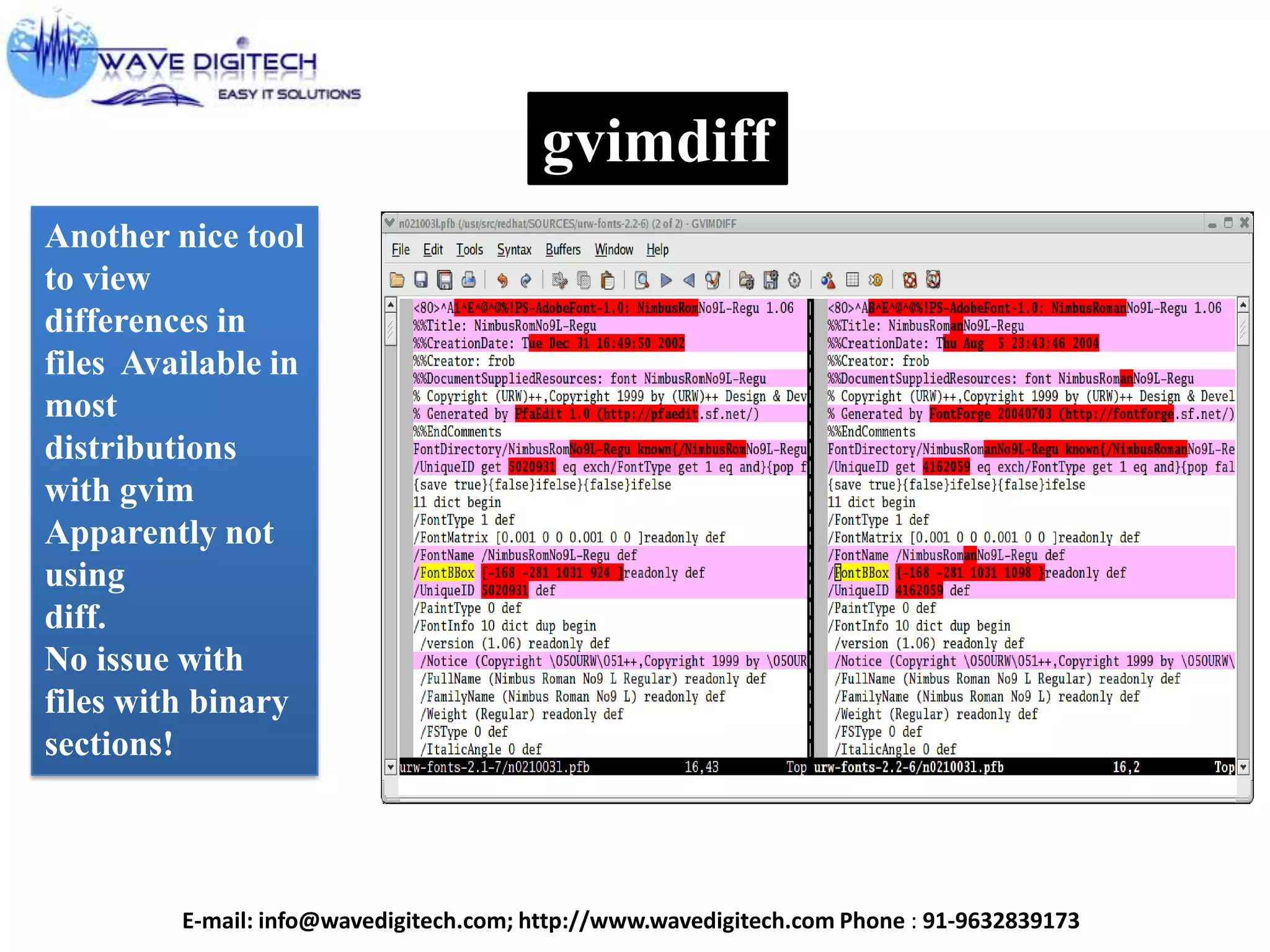 gvimdiff
Another nice tool
to view
differences in
files Available in
most
distributions
with gvim
Apparently not
using
diff.
No issue with
files with binary
sections!
E-mail: info@wavedigitech.com; http://www.wavedigitech.com Phone : 91-9632839173
 