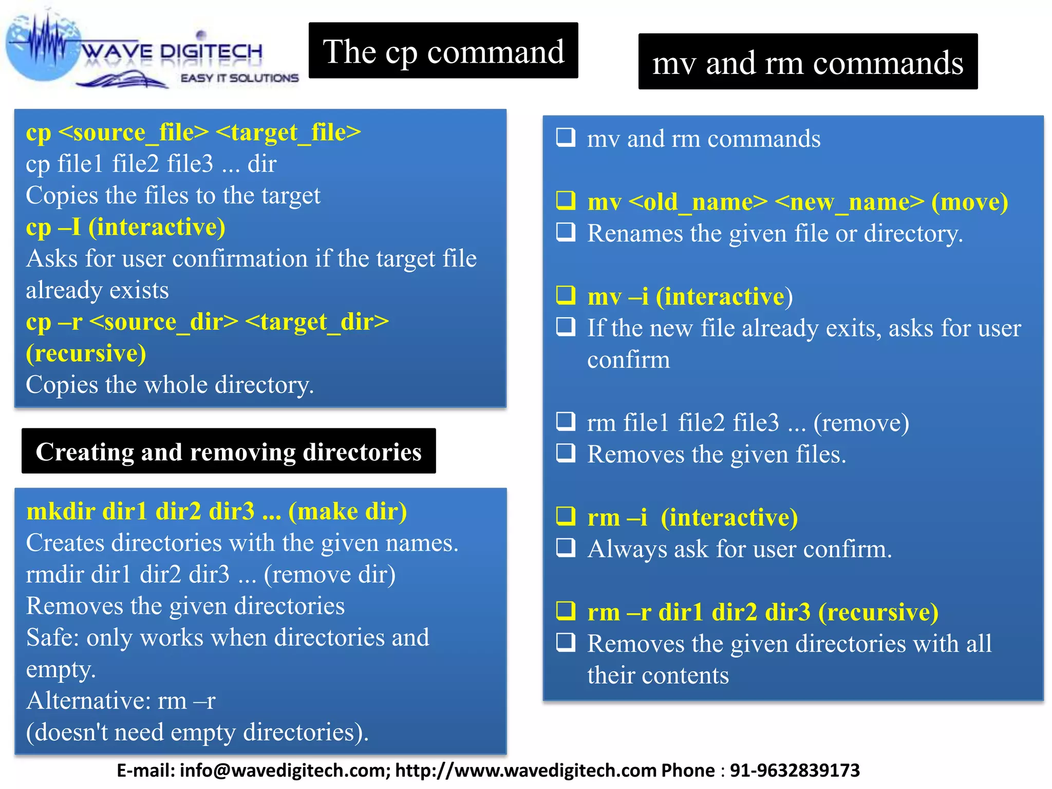 The cp command
cp <source_file> <target_file>
cp file1 file2 file3 ... dir
Copies the files to the target
cp –I (interactive)
Asks for user confirmation if the target file
already exists
cp –r <source_dir> <target_dir>
(recursive)
Copies the whole directory.
mv and rm commands
Creating and removing directories
 mv and rm commands
 mv <old_name> <new_name> (move)
 Renames the given file or directory.
 mv –i (interactive)
 If the new file already exits, asks for user
confirm
 rm file1 file2 file3 ... (remove)
 Removes the given files.
 rm –i (interactive)
 Always ask for user confirm.
 rm –r dir1 dir2 dir3 (recursive)
 Removes the given directories with all
their contents
mkdir dir1 dir2 dir3 ... (make dir)
Creates directories with the given names.
rmdir dir1 dir2 dir3 ... (remove dir)
Removes the given directories
Safe: only works when directories and
empty.
Alternative: rm –r
(doesn't need empty directories).
E-mail: info@wavedigitech.com; http://www.wavedigitech.com Phone : 91-9632839173
 