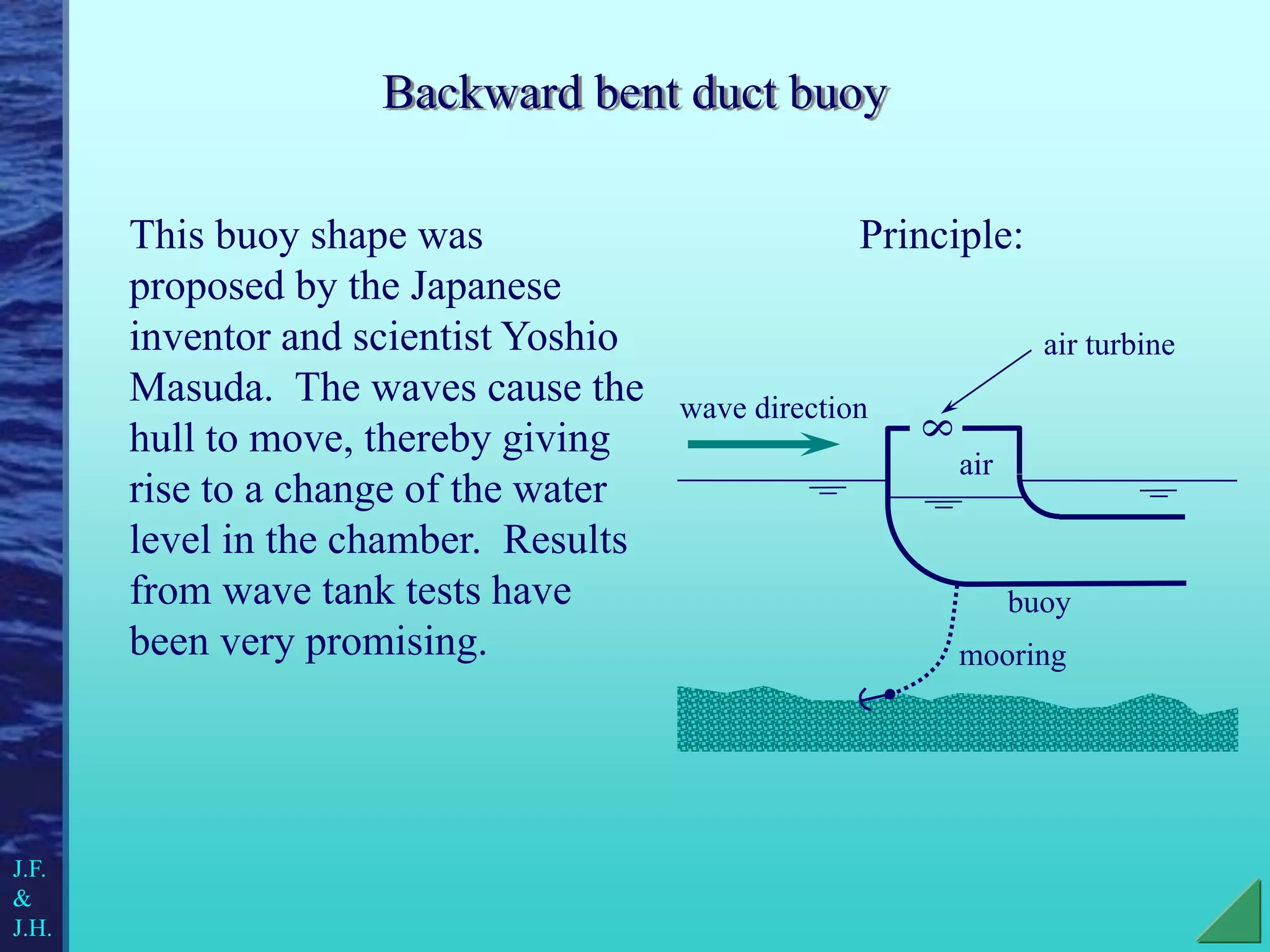 Backward bent duct buoy
This buoy shape was
proposed by the Japanese
inventor and scientist Yoshio
Masuda. The waves cause the
hull to move, thereby giving
rise to a change of the water
level in the chamber. Results
from wave tank tests have
been very promising.
buoy
air
8
Principle:
mooring
J.F.
&
J.H.
air turbine
wave direction
 