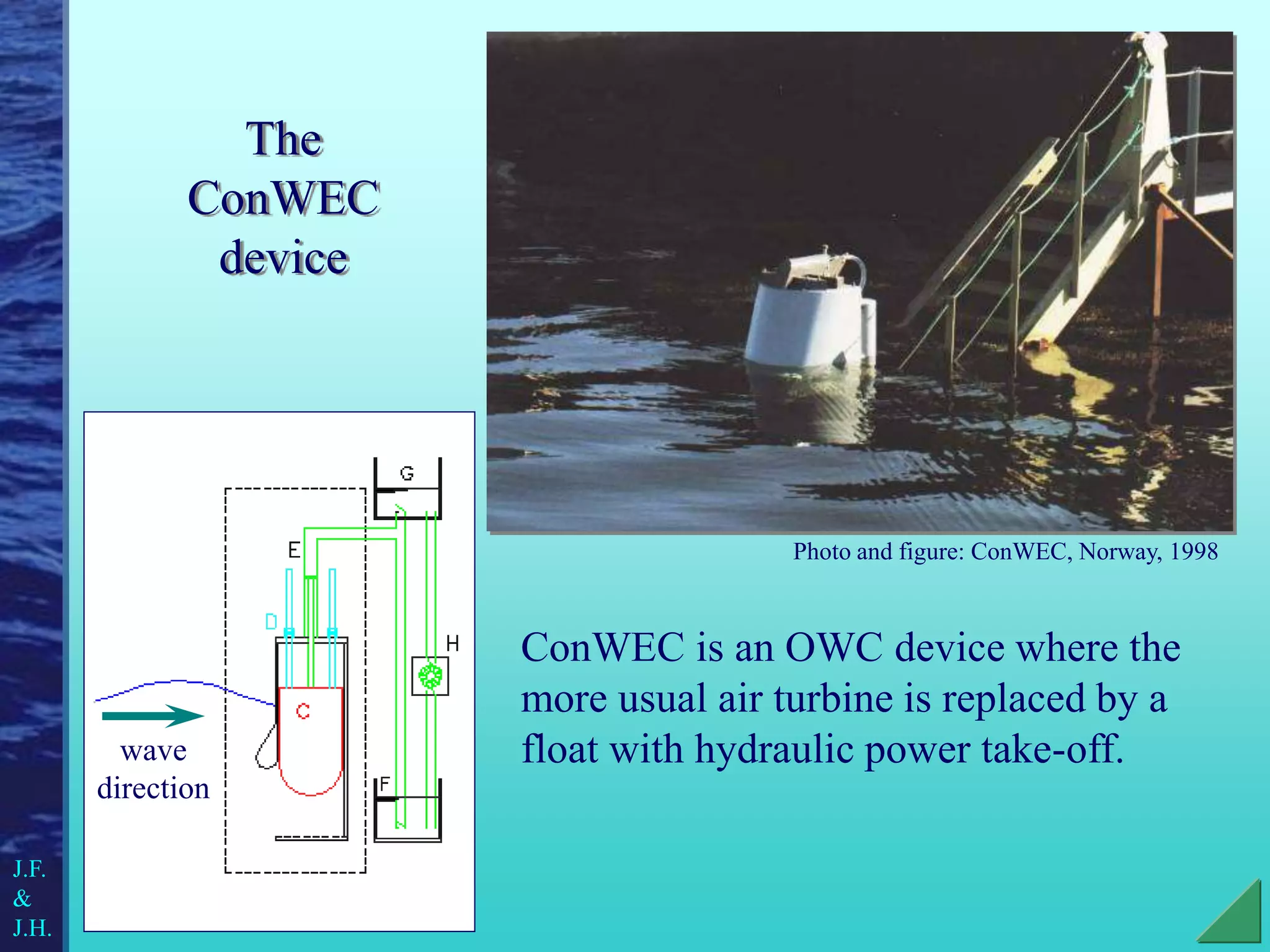 The
ConWEC
device
ConWEC is an OWC device where the
more usual air turbine is replaced by a
float with hydraulic power take-off.
J.F.
&
J.H.
Photo and figure: ConWEC, Norway, 1998
wave
direction
 