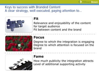 Keys to success with Branded Content
A clear strategy, well executed, paying attention to…

                   Fit
                   Relevance and enjoyability of the content
                   for target audience
                   Fit between content and the brand

                   Focus
                   Degree to which the integration is engaging
                   Degree to which attention is focused on the
                   brand


                   Fame
                   How much publicity the integration attracts
                   Level of additional supporting activity
 