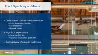 48Confidential │ ©2019 VMware, Inc.
About Symphony – VMware
• Collection of business critical services
• Cloud Automation Service
• Log Intelligence
• Network Insight
• High SLA expectations
• Currently @99.9%
• Customer expectation @ 99.99%
• Daily delivery of value to customers
 