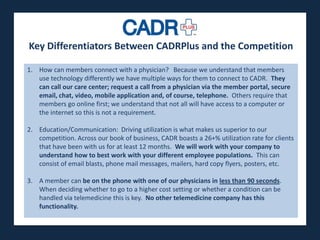 Key Differentiators Between CADRPlus and the Competition
The lowest cost, highestphysician? Because we understand that members
  1. How can members connect with a
                                    impact soluction to many of
the issues plaguing we havehealthcarethem to connect to CADR. They
     use technology differently the multiple ways for system today.
      can call our care center; request a call from a physician via the member portal, secure
      email, chat, video, mobile application and, of course, telephone. Others require that
      members go online first; we understand that not all will have access to a computer or
      the internet so this is not a requirement.

  2. Education/Communication: Driving utilization is what makes us superior to our
     competition. Across our book of business, CADR boasts a 26+% utilization rate for clients
     that have been with us for at least 12 months. We will work with your company to
     understand how to best work with your different employee populations. This can
     consist of email blasts, phone mail messages, mailers, hard copy flyers, posters, etc.

  3. A member can be on the phone with one of our physicians in less than 90 seconds.
     When deciding whether to go to a higher cost setting or whether a condition can be
     handled via telemedicine this is key. No other telemedicine company has this
     functionality.
 