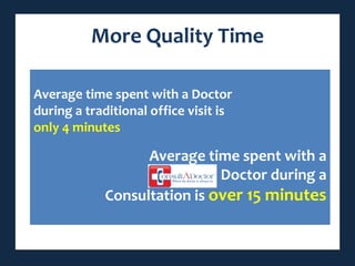 More Quality Time

Average time spent with a Doctor
during a traditional office visit is
only 4 minutes

                  Average time spent with a
                             Doctor during a
            Consultation is over 15 minutes
 