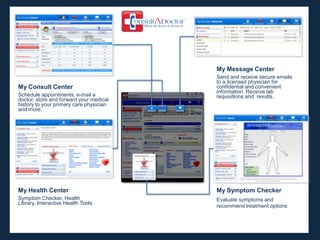 My Message Center
                                         Send and receive secure emails
                                         to a licensed physician for
My Consult Center                        confidential and convenient
                                         information. Receive lab
Schedule appointments, e-mail a          requisitions and results.
doctor, store and forward your medical
history to your primary care physician
and more.




My Health Center                         My Symptom Checker
Symptom Checker, Health                  Evaluate symptoms and
Library, Interactive Health Tools
                                         recommend treatment options
 