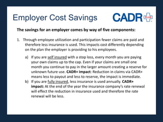 Employer Cost Savings
 The savings for an employer comes by way of five components:

 1. Through employee utilization and participation fewer claims are paid and
     therefore less insurance is used. This impacts cost differently depending
     on the plan the employer is providing to his employees.
     a) If you are self insured with a stop loss, every month you are paying
        your own claims up to the cap. Even if your claims are small one
        month you continue to pay in the larger amount creating a reserve for
        unknown future use. CADR+ impact: Reduction in claims via CADR+
        means less to payout and less to reserve, the impact is immediate.
     b) If you are fully insured, less insurance is used annually. CADR+
        impact: At the end of the year the insurance company’s rate renewal
        will effect the reduction in insurance used and therefore the rate
        renewal will be less.
 