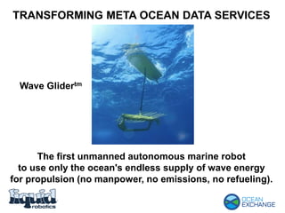 TRANSFORMING META OCEAN DATA SERVICES
The first unmanned autonomous marine robot
to use only the ocean's endless supply of wave energy
for propulsion (no manpower, no emissions, no refueling).
Wave Glidertm
 