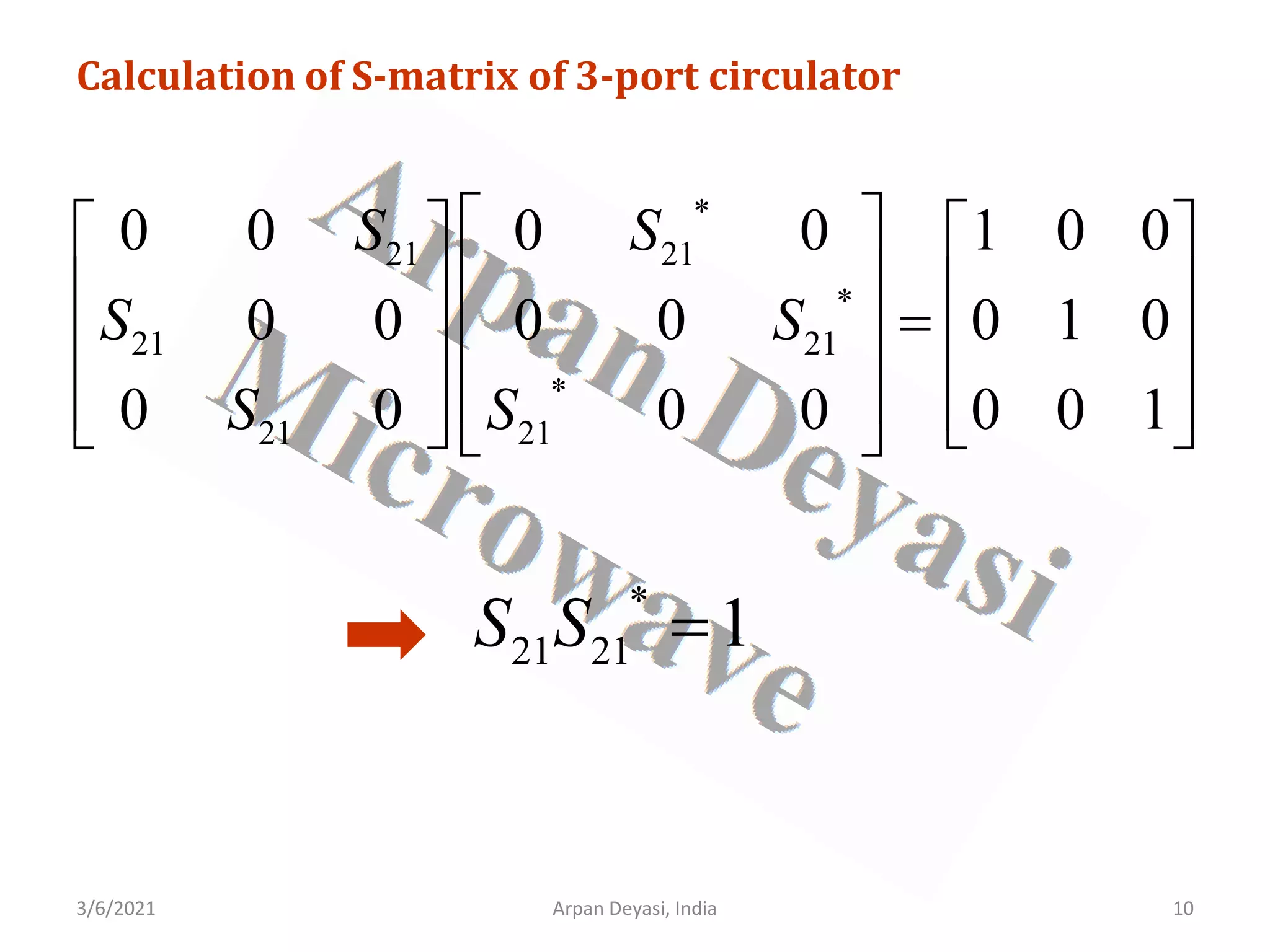 3/6/2021 Arpan Deyasi, India 10
Calculation of S-matrix of 3-port circulator
*
21 21
*
21 21
*
21 21
0 0 0 0 1 0 0
0 0 0 0 0 1 0
0 0 0 0 0 0 1
S S
S S
S S
 
   
 
   
=
 
   
 
   
   
 
*
21 21 1
S S =
 