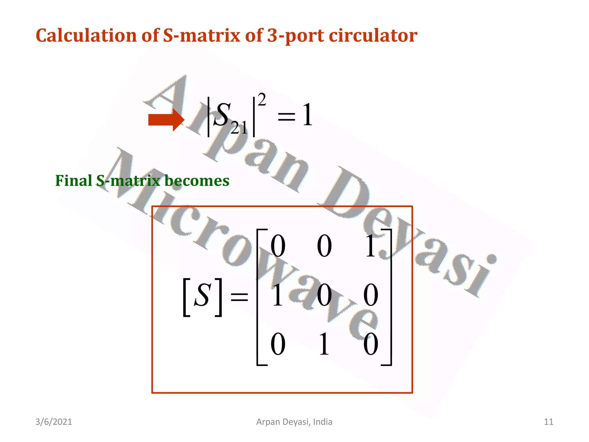 3/6/2021 Arpan Deyasi, India 11
Calculation of S-matrix of 3-port circulator
2
21 1
S =
Final S-matrix becomes
[ ]
0 0 1
1 0 0
0 1 0
S
 
 
=  
 
 
 