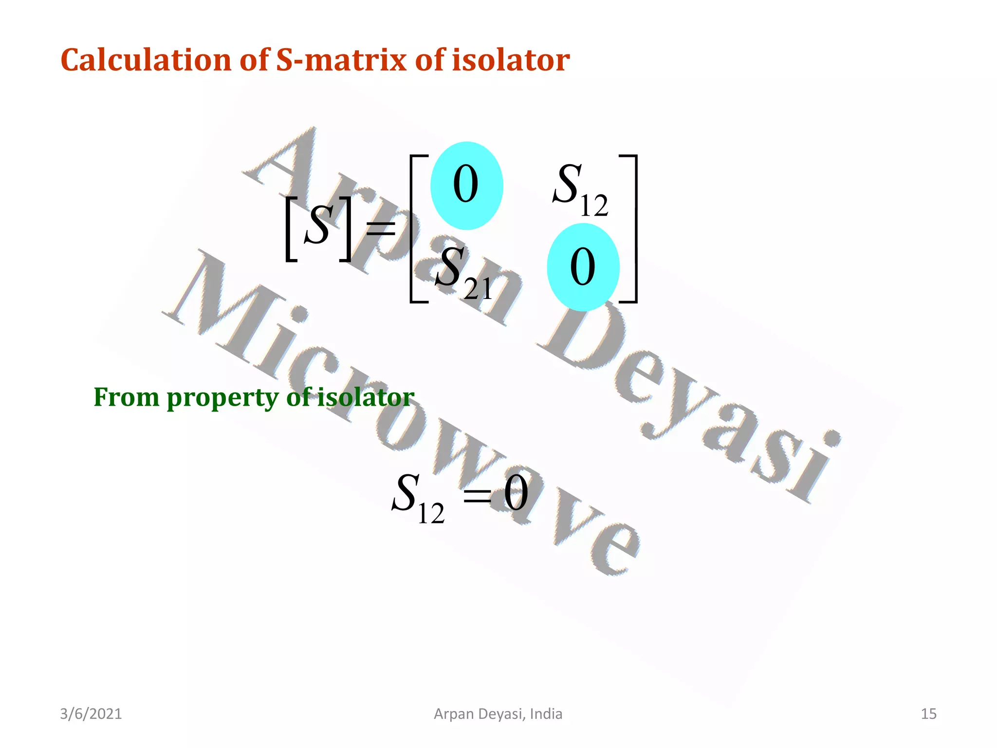 3/6/2021 Arpan Deyasi, India 15
Calculation of S-matrix of isolator
[ ] 12
21
0
0
S
S
S
 
=  
 
From property of isolator
12 0
S =
 