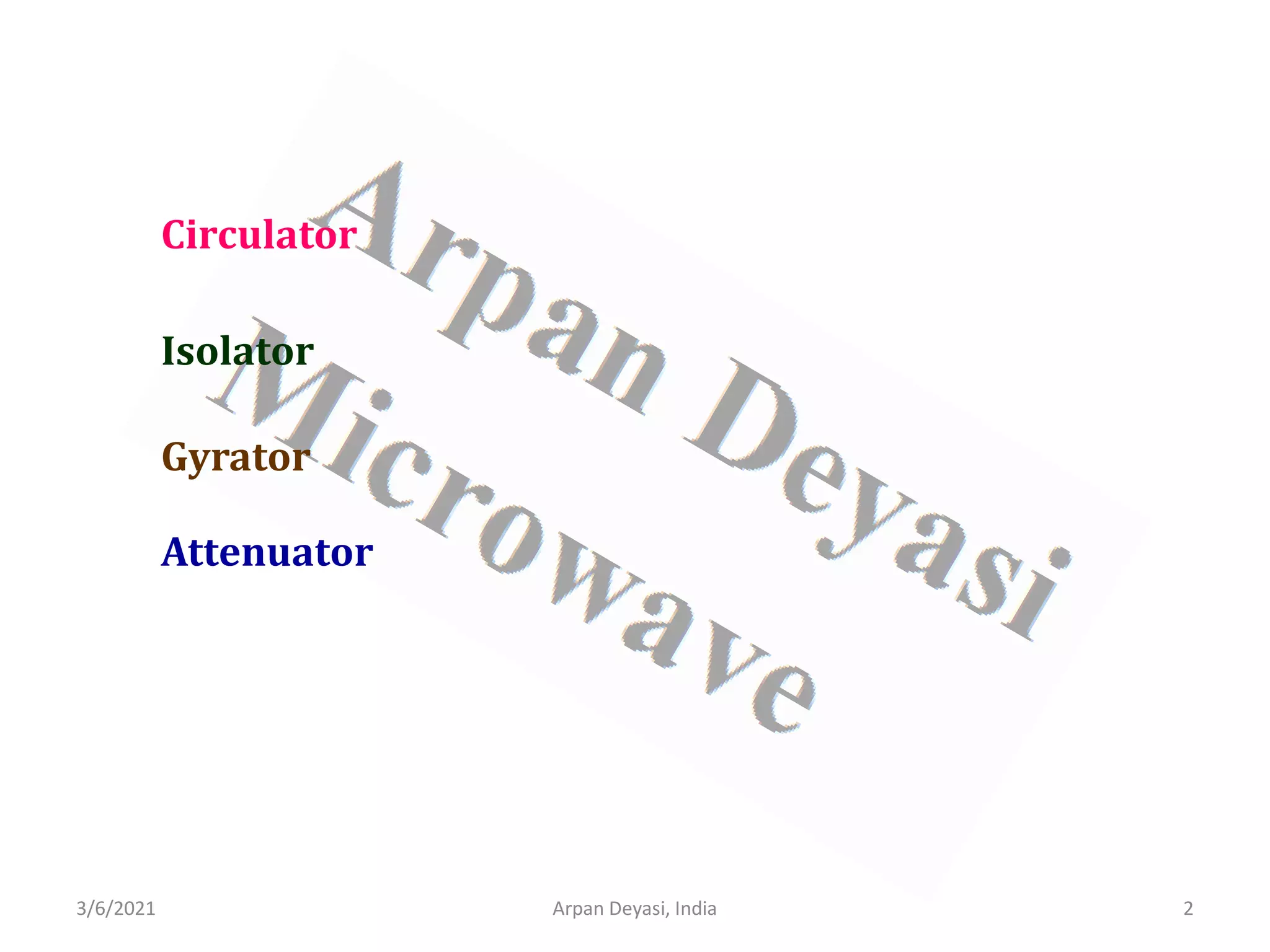3/6/2021 2
Arpan Deyasi, India
Isolator
Attenuator
Circulator
Gyrator
 