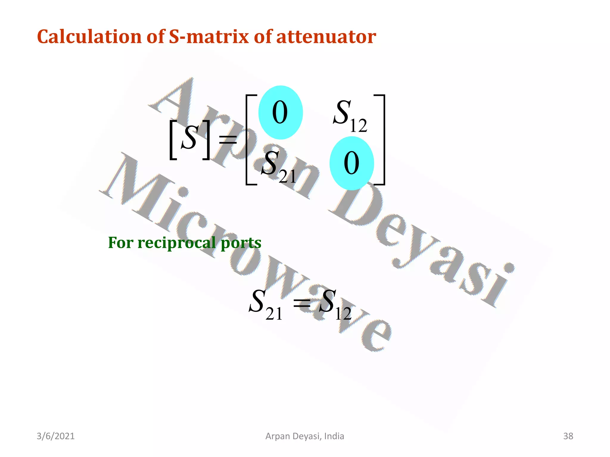3/6/2021 Arpan Deyasi, India 38
Calculation of S-matrix of attenuator
[ ] 12
21
0
0
S
S
S
 
=  
 
For reciprocal ports
21 12
S S
=
 