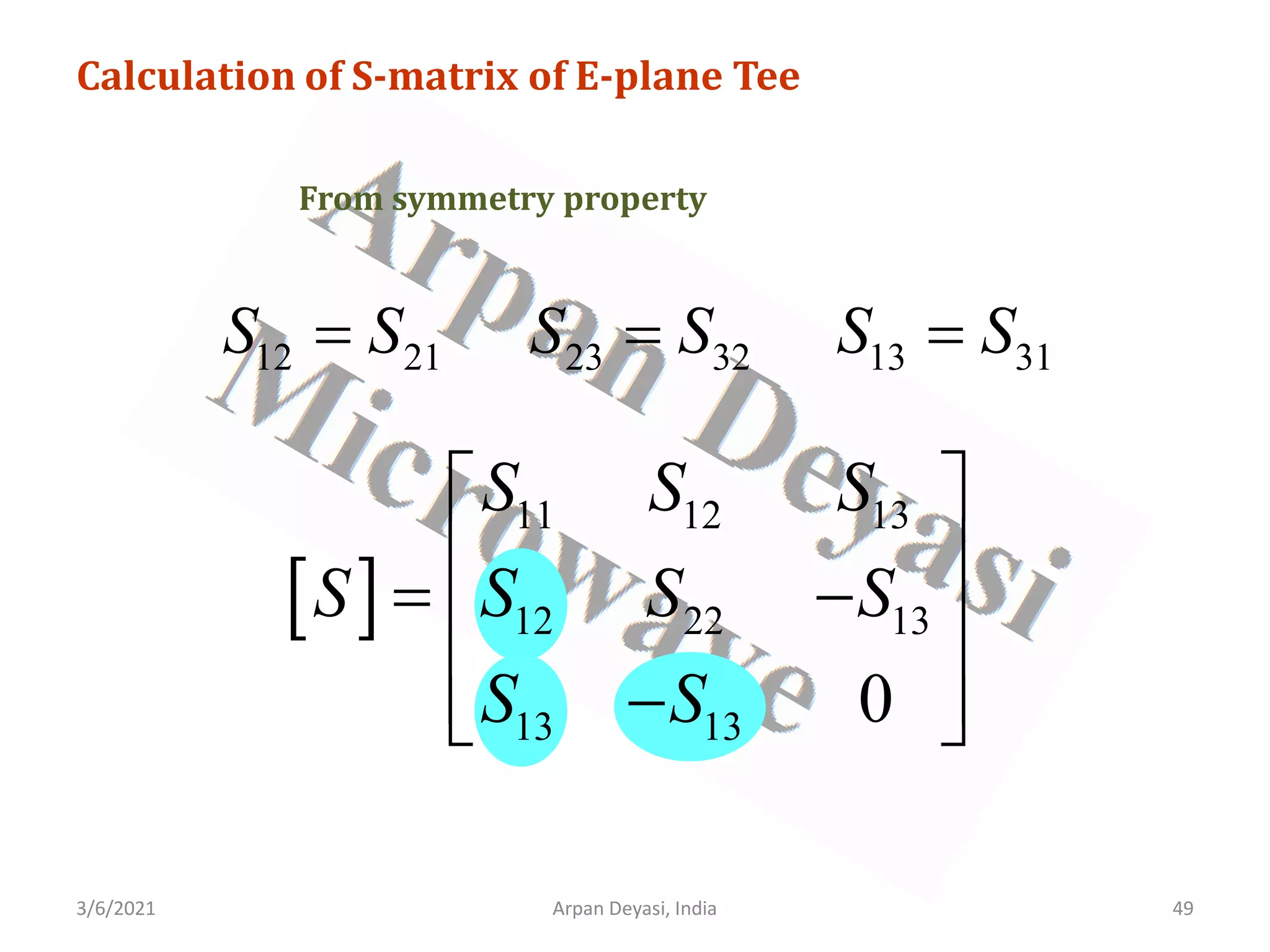 3/6/2021 Arpan Deyasi, India 49
Calculation of S-matrix of E-plane Tee
From symmetry property
12 21
S S
= 23 32
S S
= 13 31
S S
=
[ ]
11 12 13
12 22 13
13 13 0
S S S
S S S S
S S
 
 
= −
 
 
−
 
 