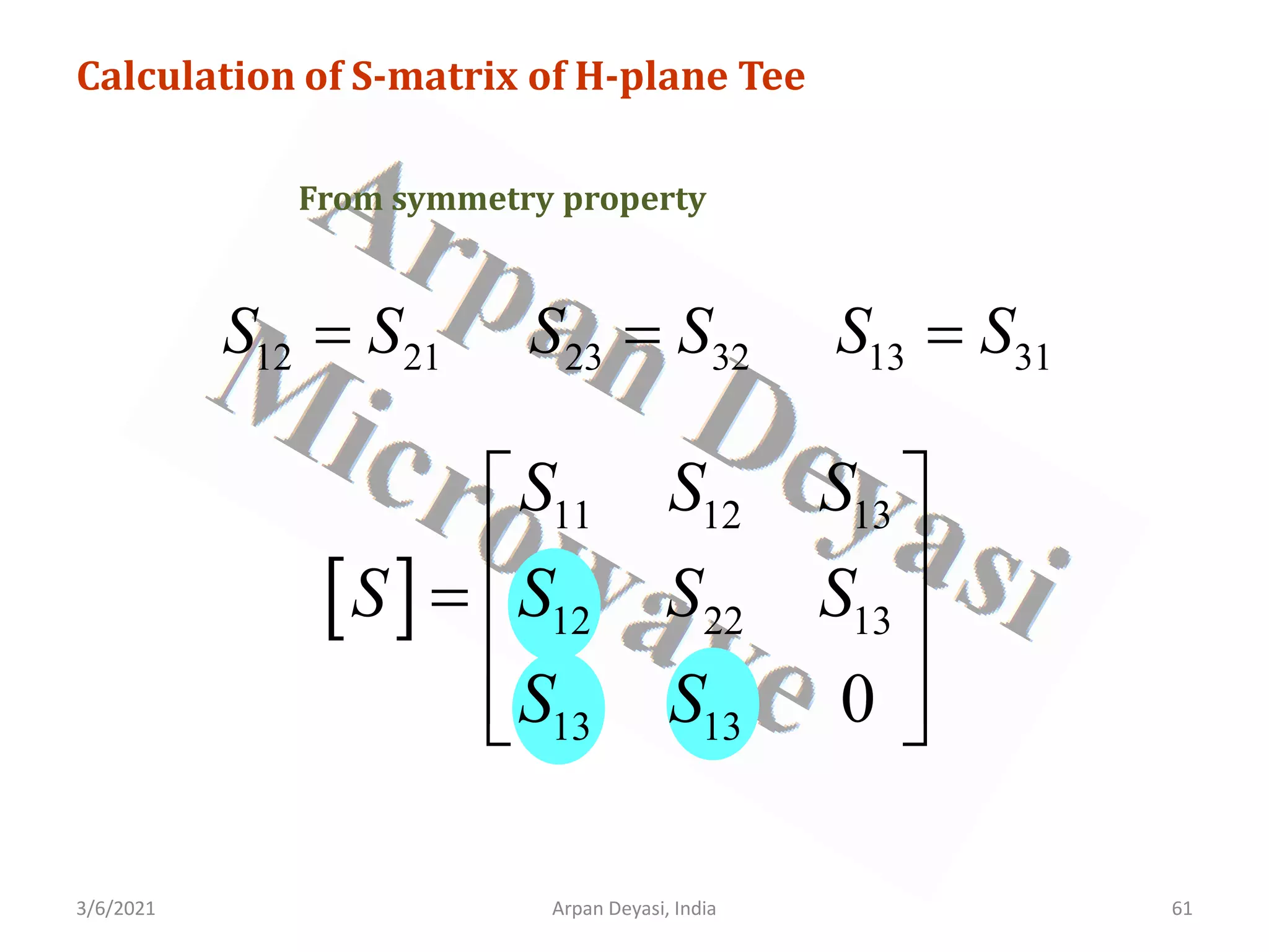 3/6/2021 Arpan Deyasi, India 61
Calculation of S-matrix of H-plane Tee
From symmetry property
12 21
S S
= 23 32
S S
= 13 31
S S
=
[ ]
11 12 13
12 22 13
13 13 0
S S S
S S S S
S S
 
 
=  
 
 
 