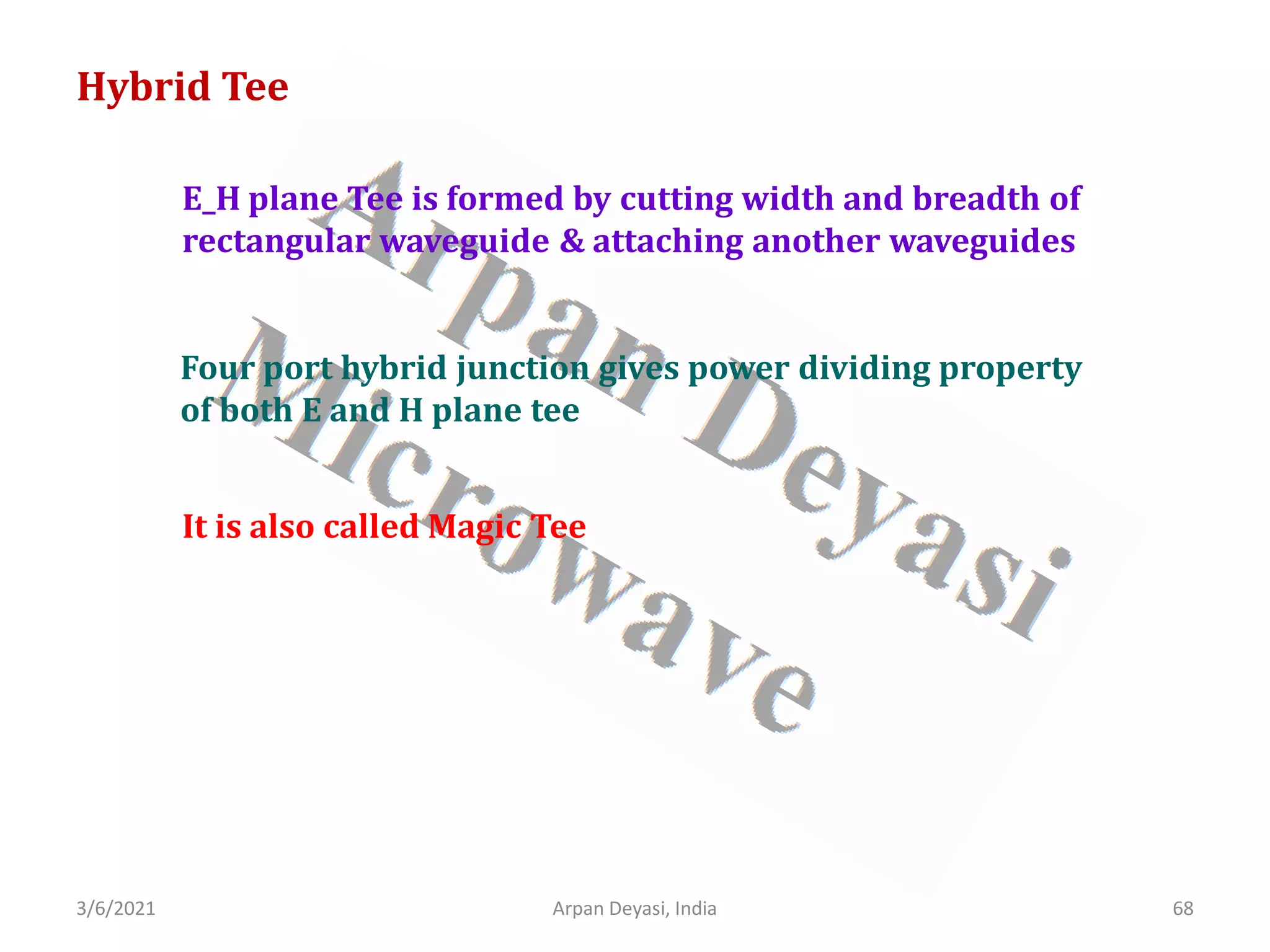 3/6/2021 Arpan Deyasi, India 68
Hybrid Tee
E_H plane Tee is formed by cutting width and breadth of
rectangular waveguide & attaching another waveguides
Four port hybrid junction gives power dividing property
of both E and H plane tee
It is also called Magic Tee
 