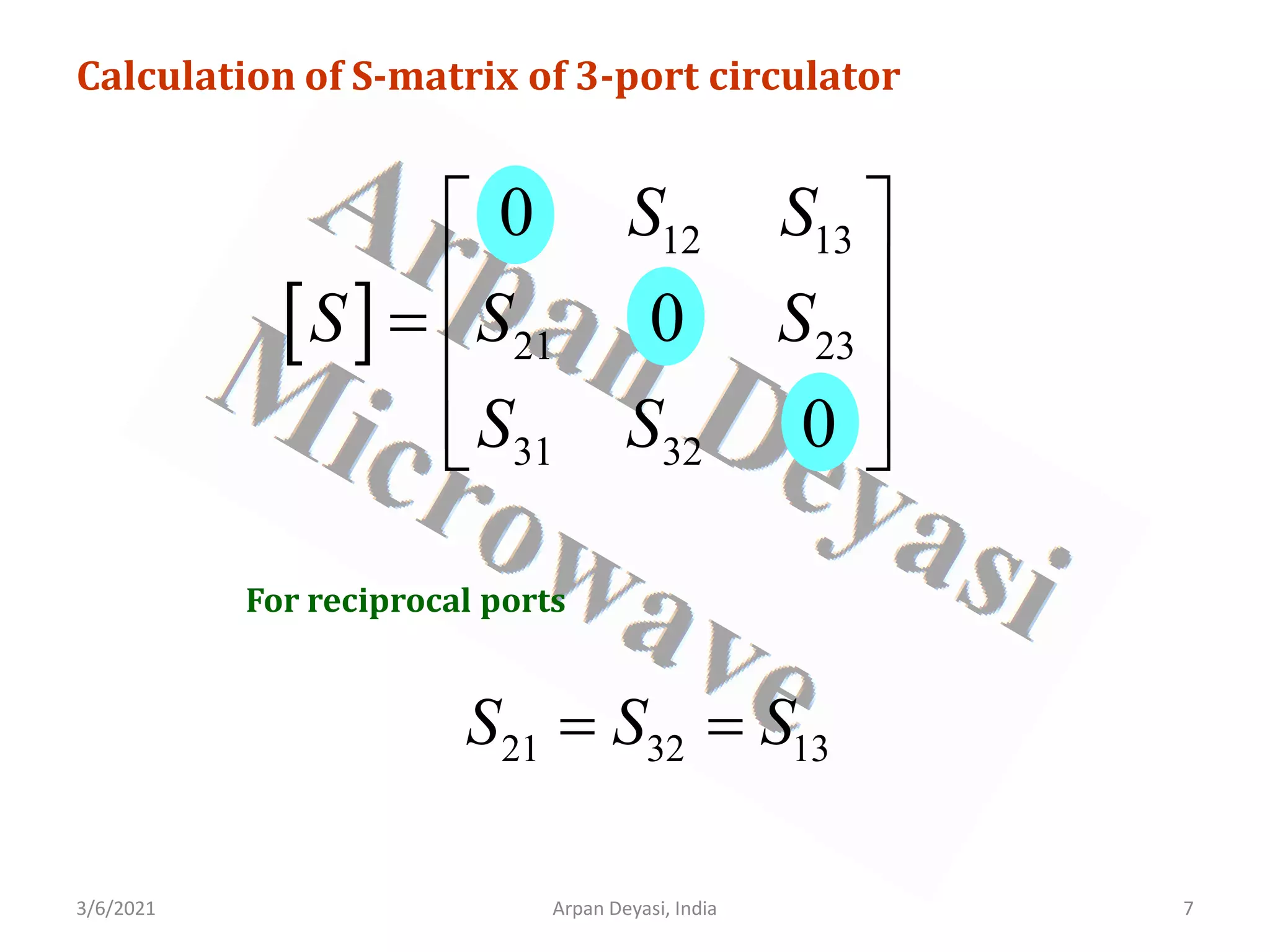 3/6/2021 Arpan Deyasi, India 7
Calculation of S-matrix of 3-port circulator
For reciprocal ports
[ ]
12 13
21 23
31 32
0
0
0
S S
S S S
S S
 
 
=  
 
 
21 32 13
S S S
= =
 