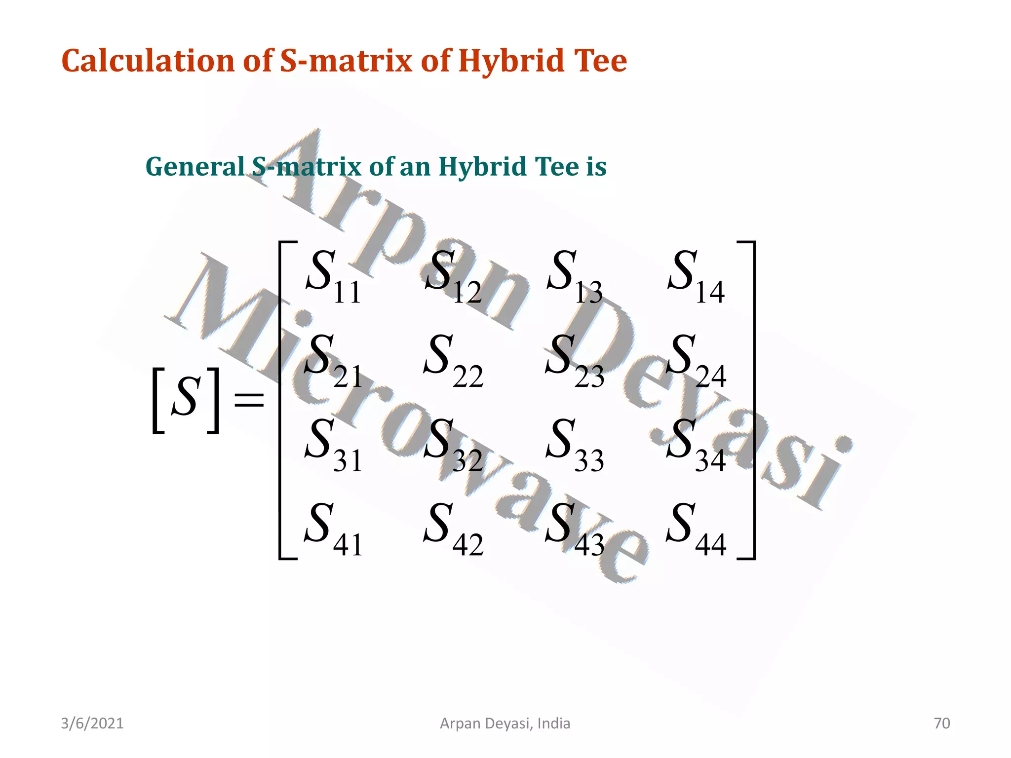 3/6/2021 Arpan Deyasi, India 70
Calculation of S-matrix of Hybrid Tee
General S-matrix of an Hybrid Tee is
[ ]
11 12 13 14
21 22 23 24
31 32 33 34
41 42 43 44
S S S S
S S S S
S
S S S S
S S S S
 
 
 
=
 
 
 
 