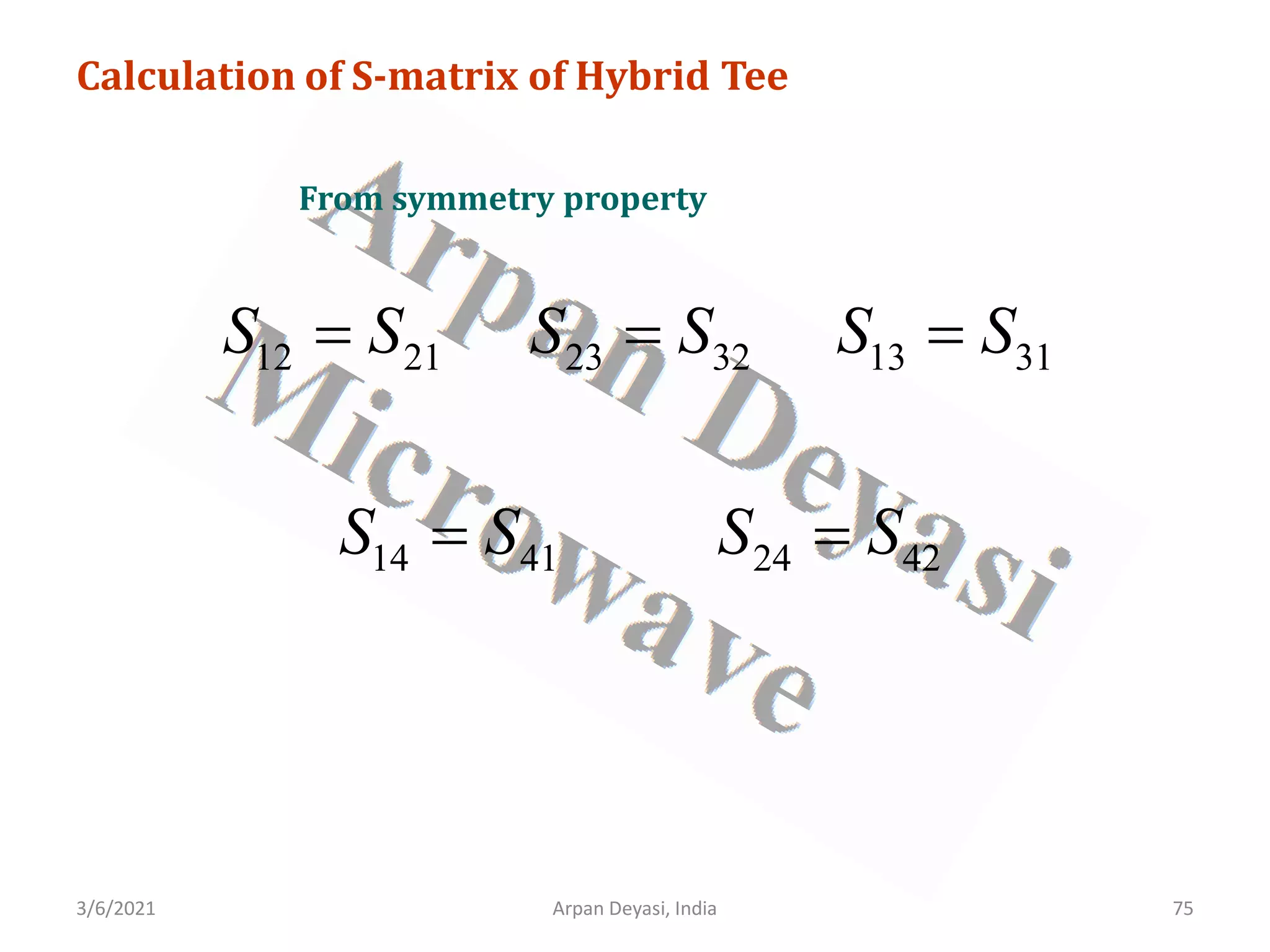 3/6/2021 Arpan Deyasi, India 75
Calculation of S-matrix of Hybrid Tee
From symmetry property
12 21
S S
= 23 32
S S
= 13 31
S S
=
14 41
S S
= 24 42
S S
=
 