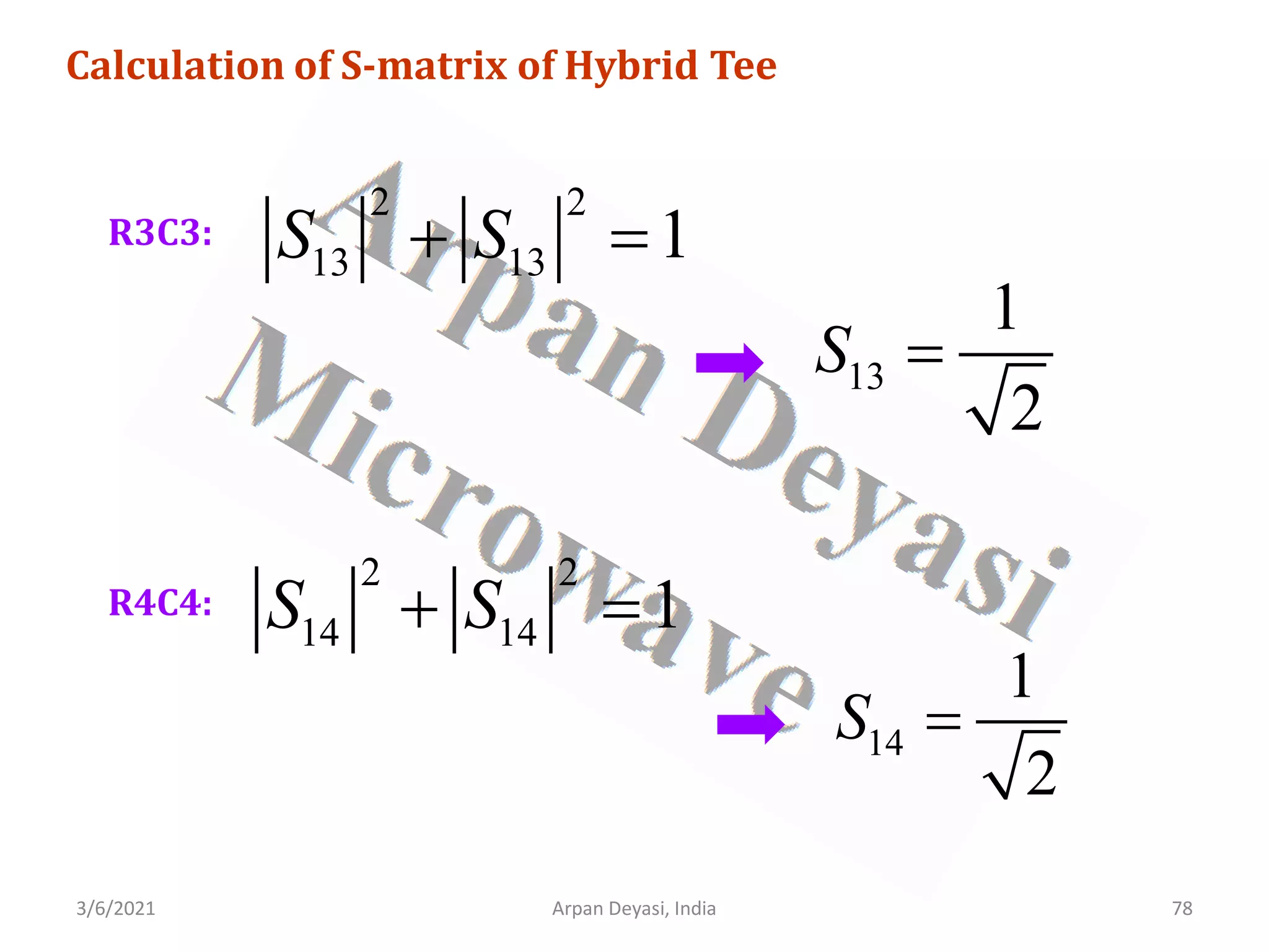 3/6/2021 Arpan Deyasi, India 78
Calculation of S-matrix of Hybrid Tee
R3C3:
2 2
13 13 1
S S
+ =
13
1
2
S =
R4C4:
2 2
14 14 1
S S
+ =
14
1
2
S =
 
