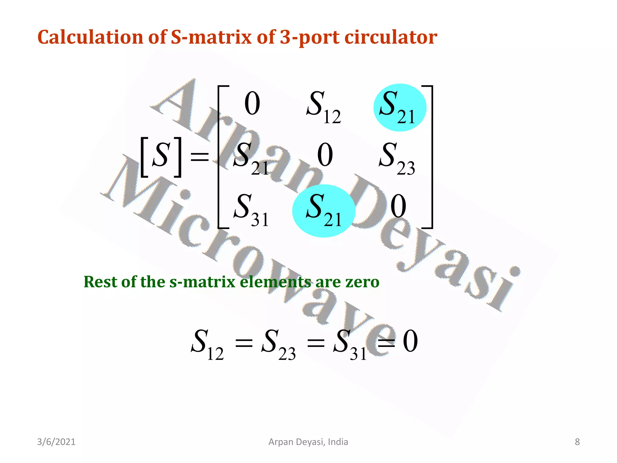 3/6/2021 Arpan Deyasi, India 8
Calculation of S-matrix of 3-port circulator
[ ]
12 21
21 23
31 21
0
0
0
S S
S S S
S S
 
 
=  
 
 
Rest of the s-matrix elements are zero
12 23 31 0
S S S
= = =
 