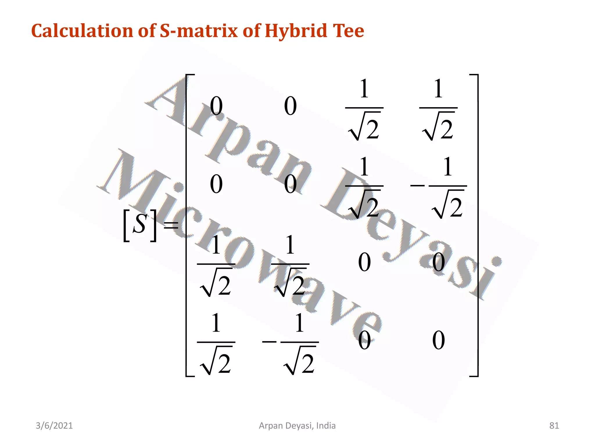 3/6/2021 Arpan Deyasi, India 81
Calculation of S-matrix of Hybrid Tee
[ ]
1 1
0 0
2 2
1 1
0 0
2 2
1 1
0 0
2 2
1 1
0 0
2 2
S
 
 
 
 
−
 
 
=
 
 
 
 
−
 
 
 