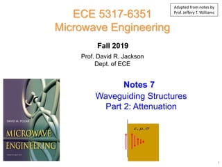 Prof. David R. Jackson
Dept. of ECE
Notes 7
ECE 5317-6351
Microwave Engineering
Fall 2019
Waveguiding Structures
Part 2: Attenuation
1
, ,
  
Adapted from notes by
Prof. Jeffery T. Williams
 