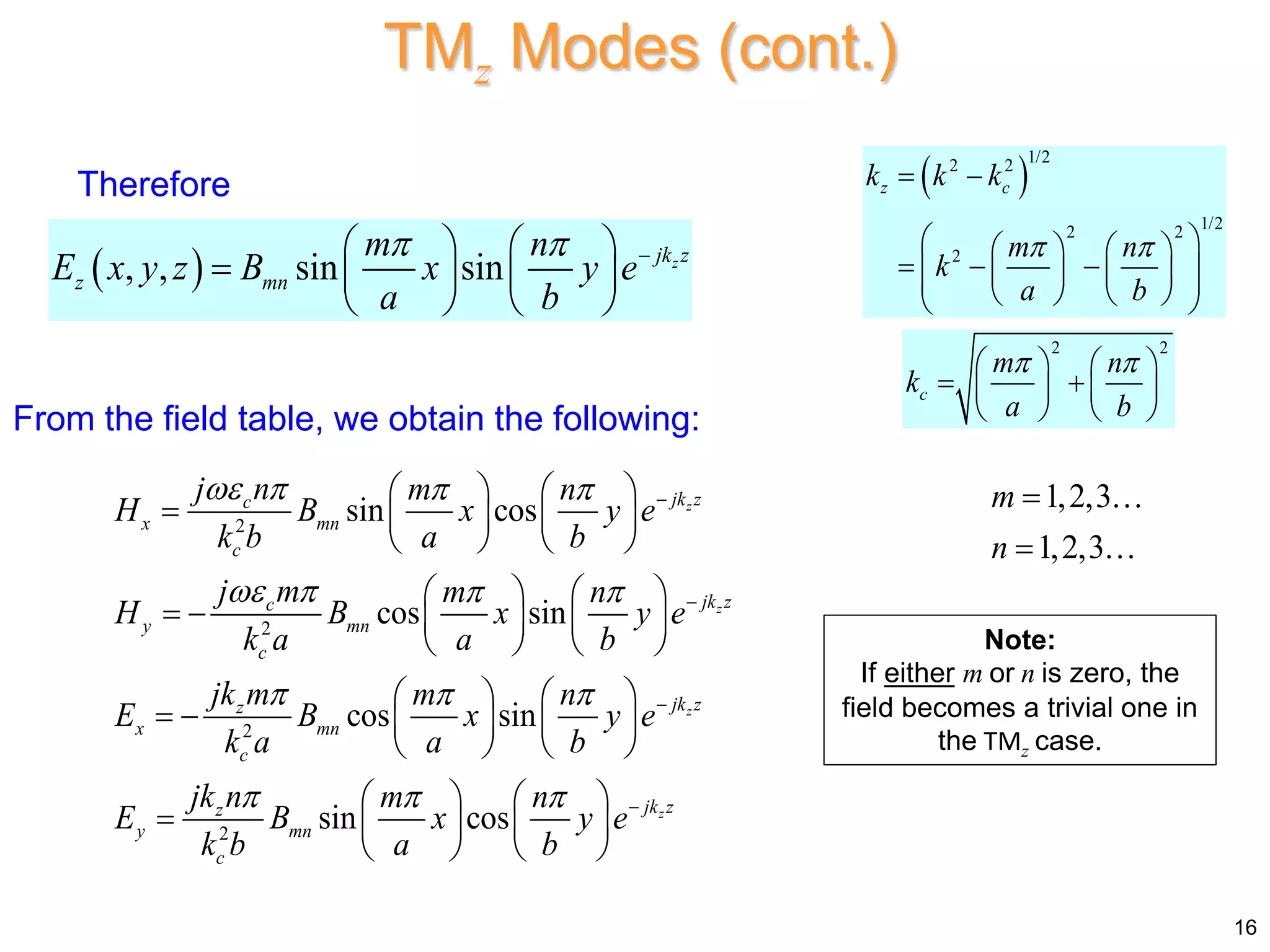 Therefore
 
, , sin sin z
jk z
z mn
m n
E x y z B x y e
a b
  
   
    
   
2
2
2
2
sin cos
cos sin
cos sin
sin cos
z
z
z
z
jk z
c
x mn
c
jk z
c
y mn
c
jk z
z
x mn
c
jk z
z
y mn
c
j n m n
H B x y e
k b a b
j m m n
H B x y e
k a a b
jk m m n
E B x y e
k a a b
jk n m n
E B x y e
k b a b
   
   
  
  




   
    
   
   
     
   
   
     
   
   
    
   
From the field table, we obtain the following:
Note:
If either m or n is zero, the
field becomes a trivial one in
the TMz case.
16
TMz Modes (cont.)
1,2,3
1,2,3
m
n


 
1/2
2 2
1/2
2 2
2
z c
k k k
m n
k
a b
 
 
 
   
  
 
   
 
   
 
2 2
c
m n
k
a b
 
   
 
   
   
 