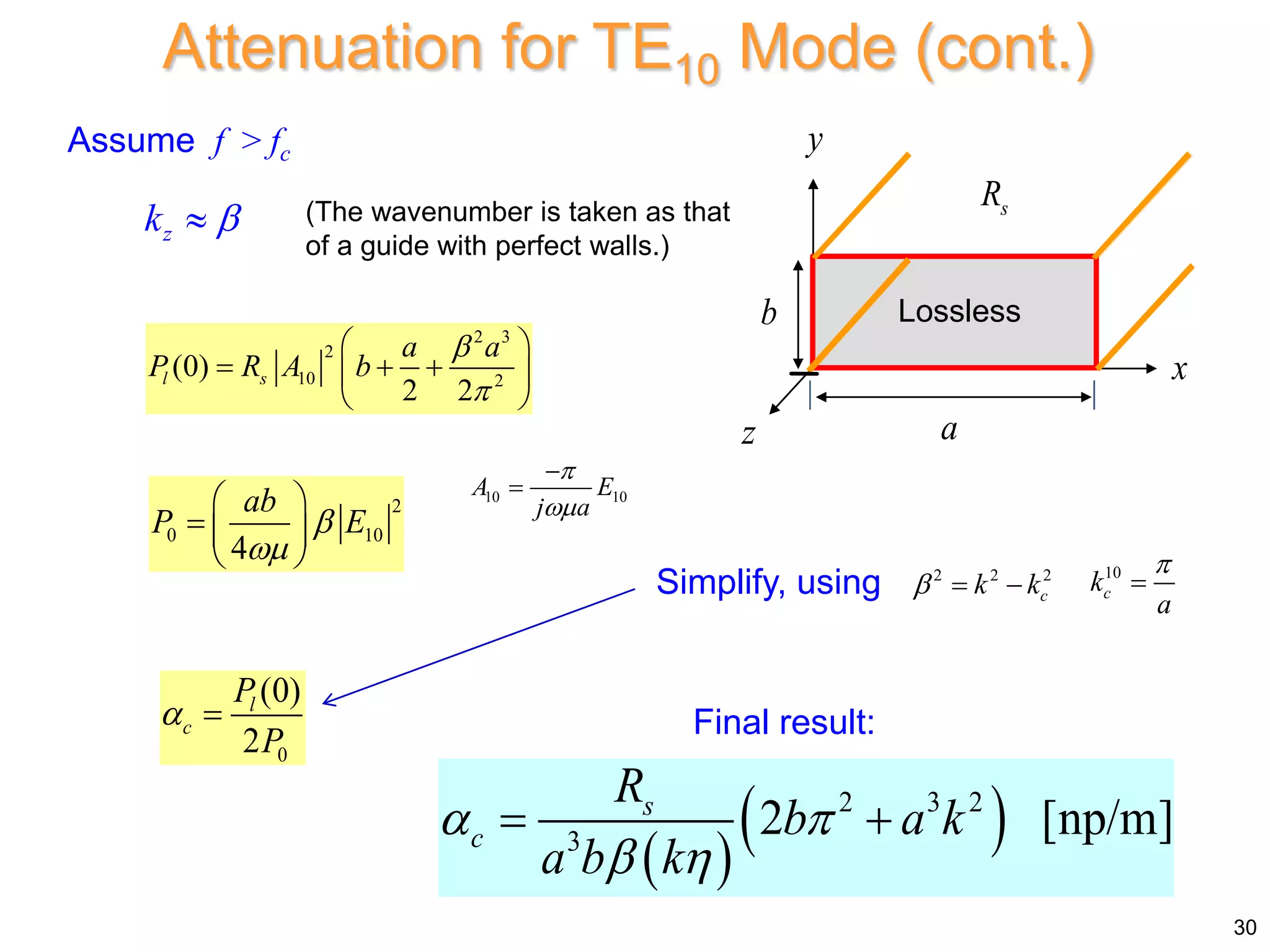 2 3
2
10 2
(0)
2 2
l s
a a
P R A b


 
  
 
 
 
 
2 3 2
3
2 [np/m]
s
c
R
b a k
a b k
 
 
 
Attenuation for TE10 Mode (cont.)
2
0 10
4
ab
P E


 
  
 
0
(0)
2
l
c
P
P
 
Simplify, using 2 2 2
c
k k
  
10
c
k
a


Final result:
Assume f > fc
z
k 
 (The wavenumber is taken as that
of a guide with perfect walls.)
30
10 10
A E
j a




x
y
z a
b
s
R
Lossless
 