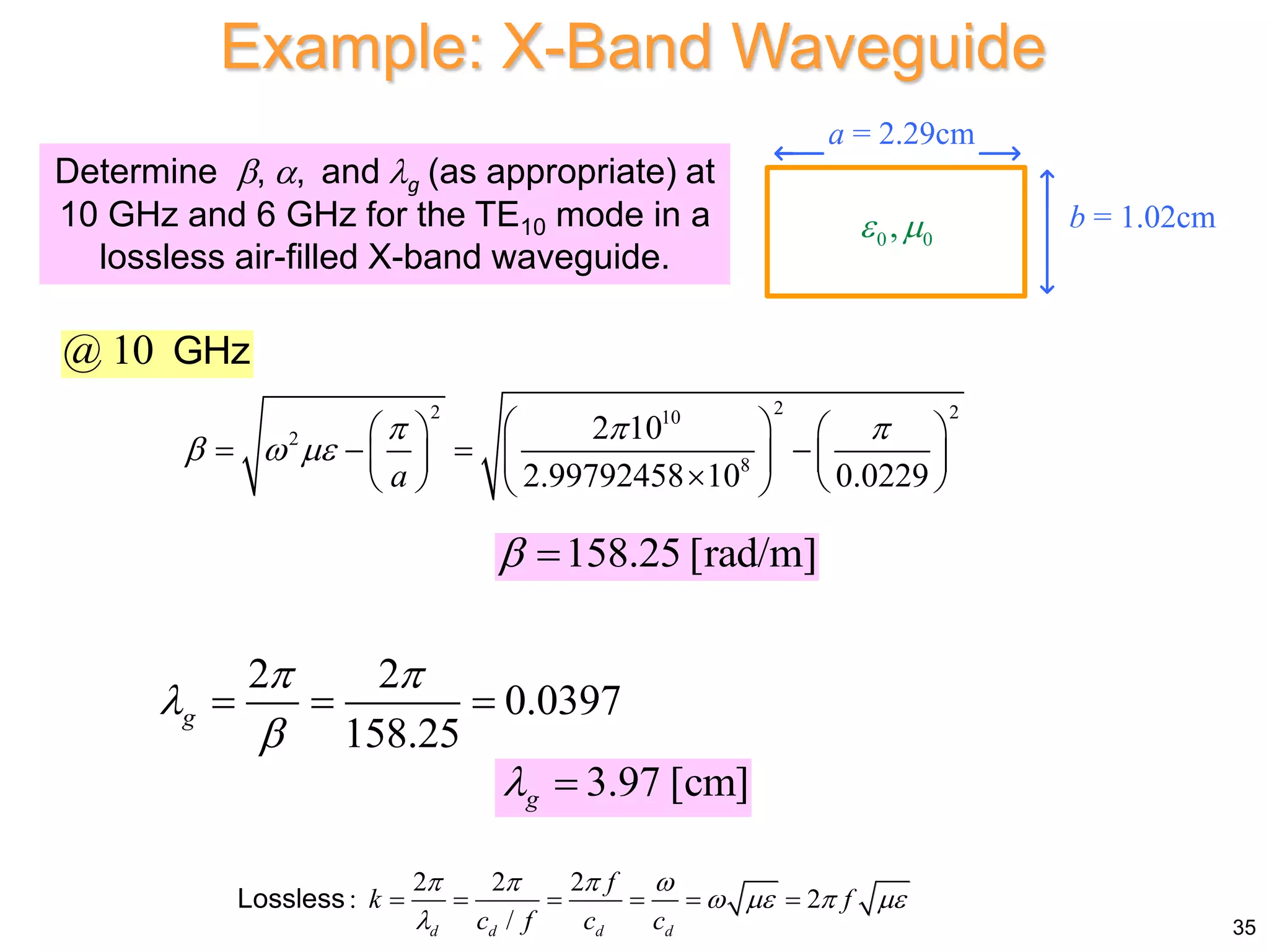 Determine , , and g (as appropriate) at
10 GHz and 6 GHz for the TE10 mode in a
lossless air-filled X-band waveguide.
2 2
0.0397
158.25
g
 


  
2
2 2
10
2
8
2 10
2.99792458 10 0.0229
a
  
  
 
   
   
   
 

   
 
@ 10 GHz
Example: X-Band Waveguide
158.25 [rad/m]
 
3.97 [cm]
g
 
35
a = 2.29cm
b = 1.02cm
0 0
,
 
2 2 2
: 2
/
d d d d
f
k f
c f c c
   
   

     
Lossless
 