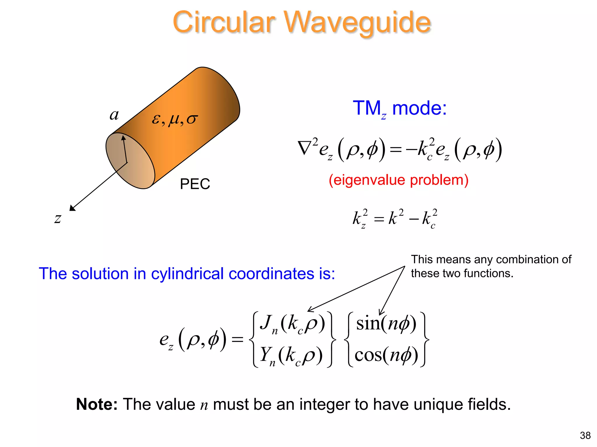 Circular Waveguide
TMz mode:
   
2 2
, ,
z c z
e k e
   
  
2 2 2
z c
k k k
 
The solution in cylindrical coordinates is:
 
( ) sin( )
,
( ) cos( )
n c
z
n c
J k n
e
Y k n
 
 
 
   
    
 
 
Note: The value n must be an integer to have unique fields.
38
(eigenvalue problem)
PEC
a
z
, ,
  
This means any combination of
these two functions.
 