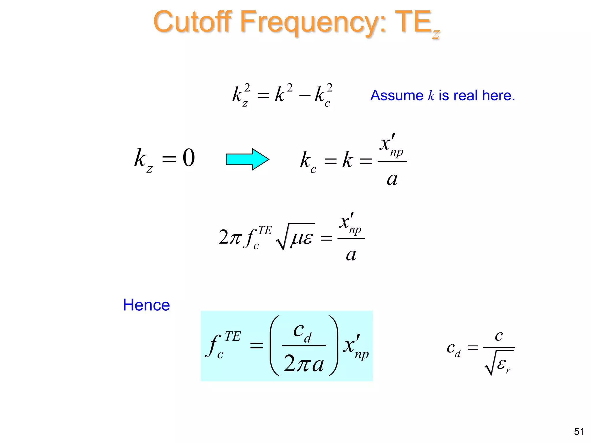 Cutoff Frequency: TEz
np
c
x
k k
a

 
2 np
TE
c
x
f
a
 


2
TE d
c np
c
f x
a

 

  
 
0
z
k 
2 2 2
z c
k k k
 
Hence
d
r
c
c


51
Assume k is real here.
 