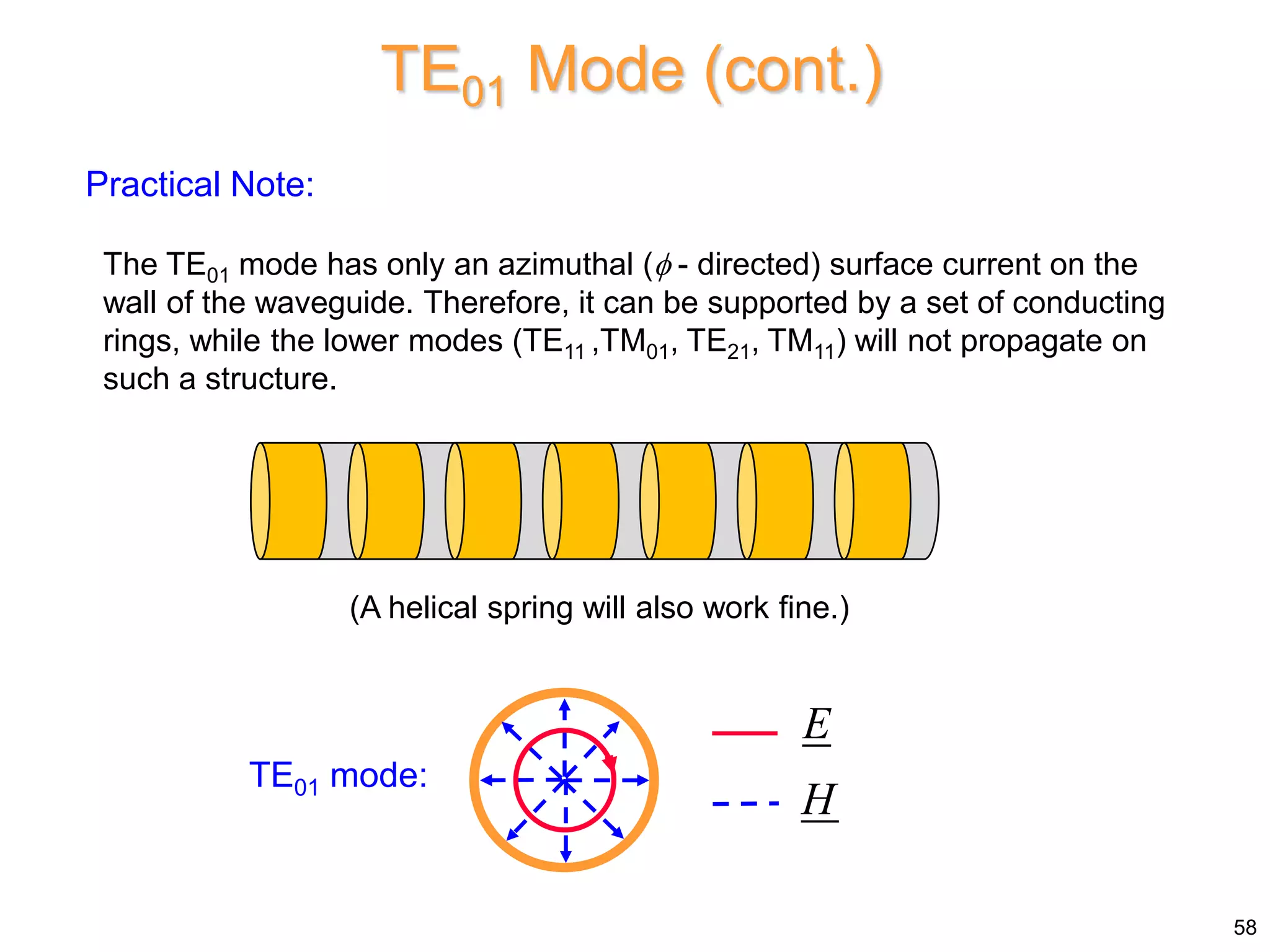 TE01 Mode (cont.)
Practical Note:
The TE01 mode has only an azimuthal ( - directed) surface current on the
wall of the waveguide. Therefore, it can be supported by a set of conducting
rings, while the lower modes (TE11 ,TM01, TE21, TM11) will not propagate on
such a structure.
(A helical spring will also work fine.)
58
E
H
TE01 mode:
 