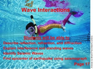 Wave Interactions Students will be able to Describe reflection, refraction, and diffraction Explain interference and standing waves Identify Seismic Waves Find epicenter of earthquake using seismograph Page 17 