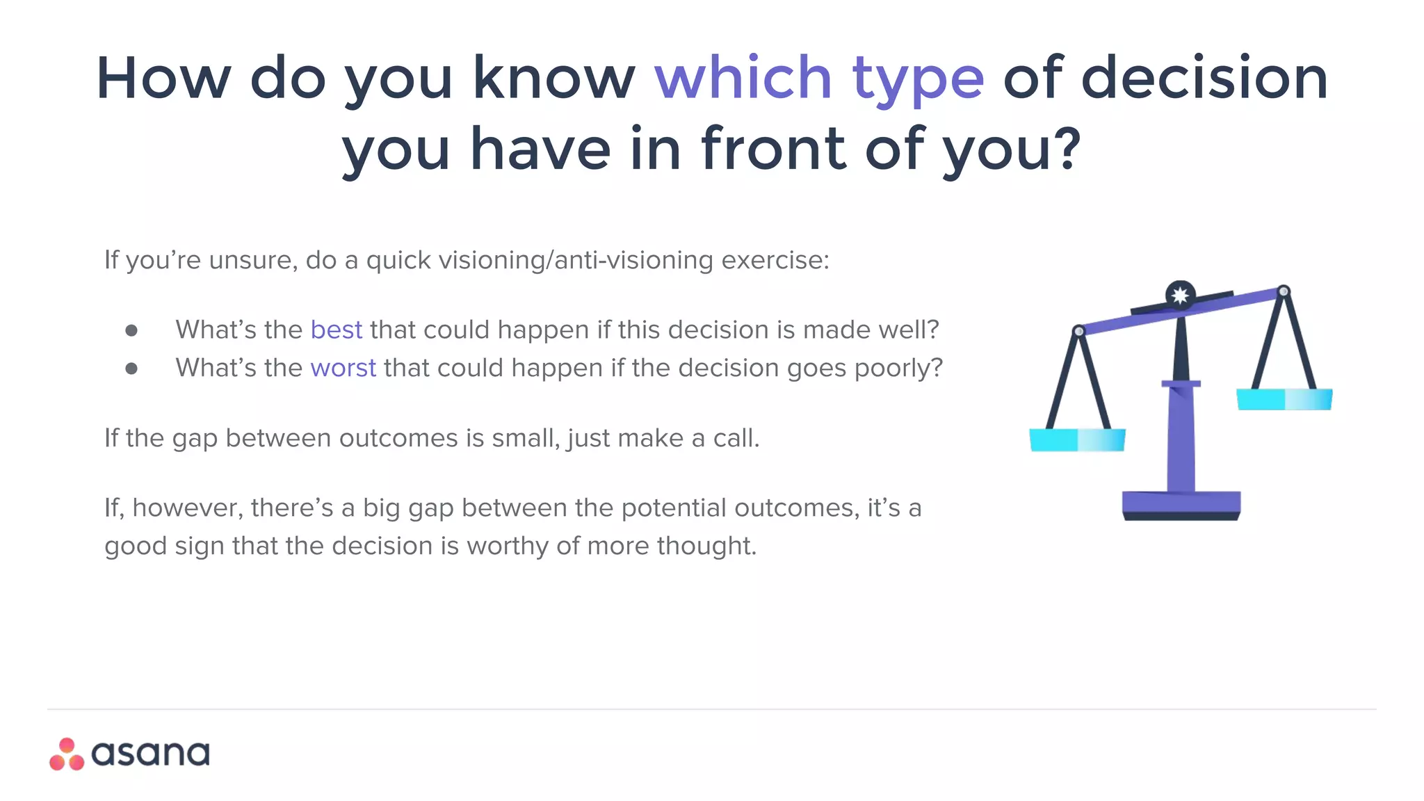 How do you know which type of decision
you have in front of you?
If you’re unsure, do a quick visioning/anti-visioning exercise:
● What’s the best that could happen if this decision is made well?
● What’s the worst that could happen if the decision goes poorly?
If the gap between outcomes is small, just make a call.
If, however, there’s a big gap between the potential outcomes, it’s a
good sign that the decision is worthy of more thought.
 